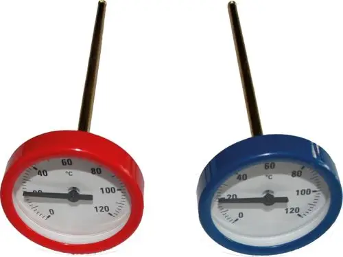 Thermometer-Set von Wolf mit zwei analogen Temperaturskalen in Rot und Blau zur Messung von Temperaturen in Heizkreisen.
